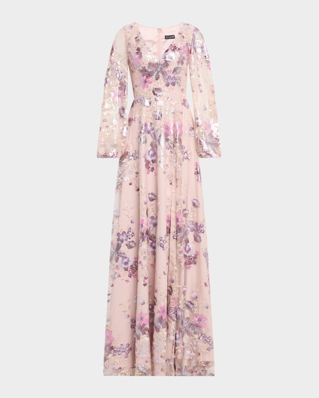Balloon-Sleeve Metallic Embroidered Gown